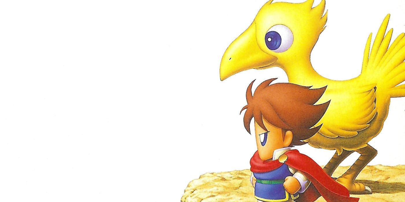 Chibi art of Bartz and his Chocobo, Boko, standing on a rocky outcrop. The background is a stark white.