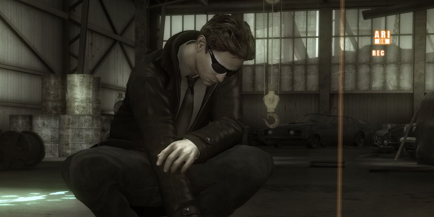 Agent Norman Jayden crouched down at a crime scene examining evidence with Ari glasses. 