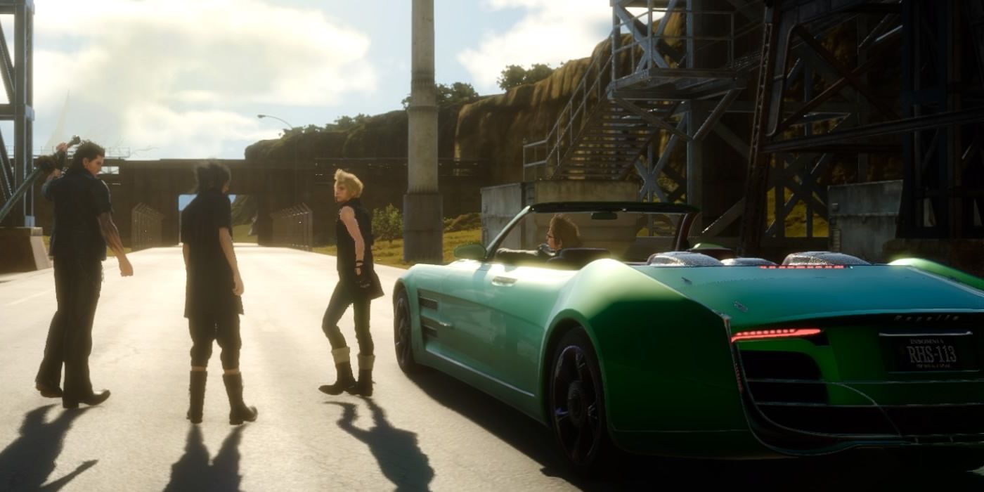 Noctis, Ignis, and Prompto stand by a car