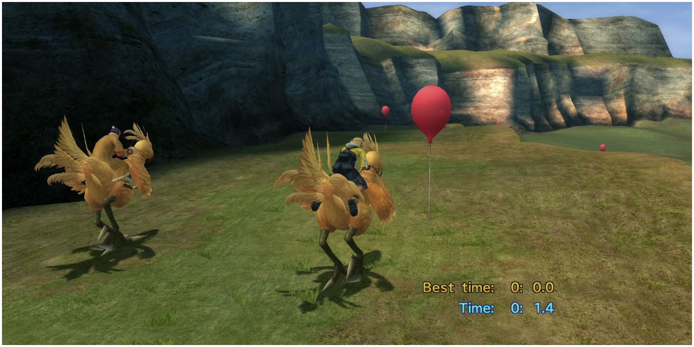 Tidus riding a Chocobo across the Calm Lands, taking part in the balloon minigame.