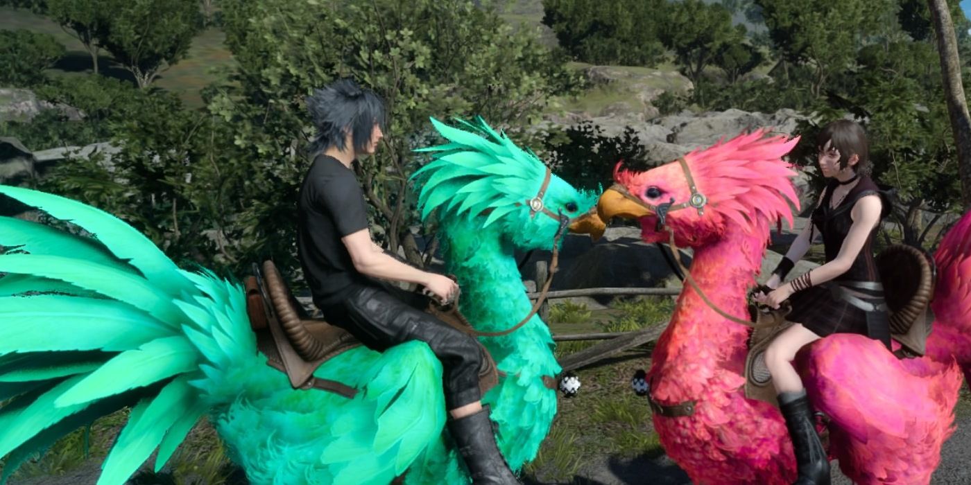 Noctis sits on a turquoise Chocobo, facing Iris who is sitting on a pink Chocobo.
