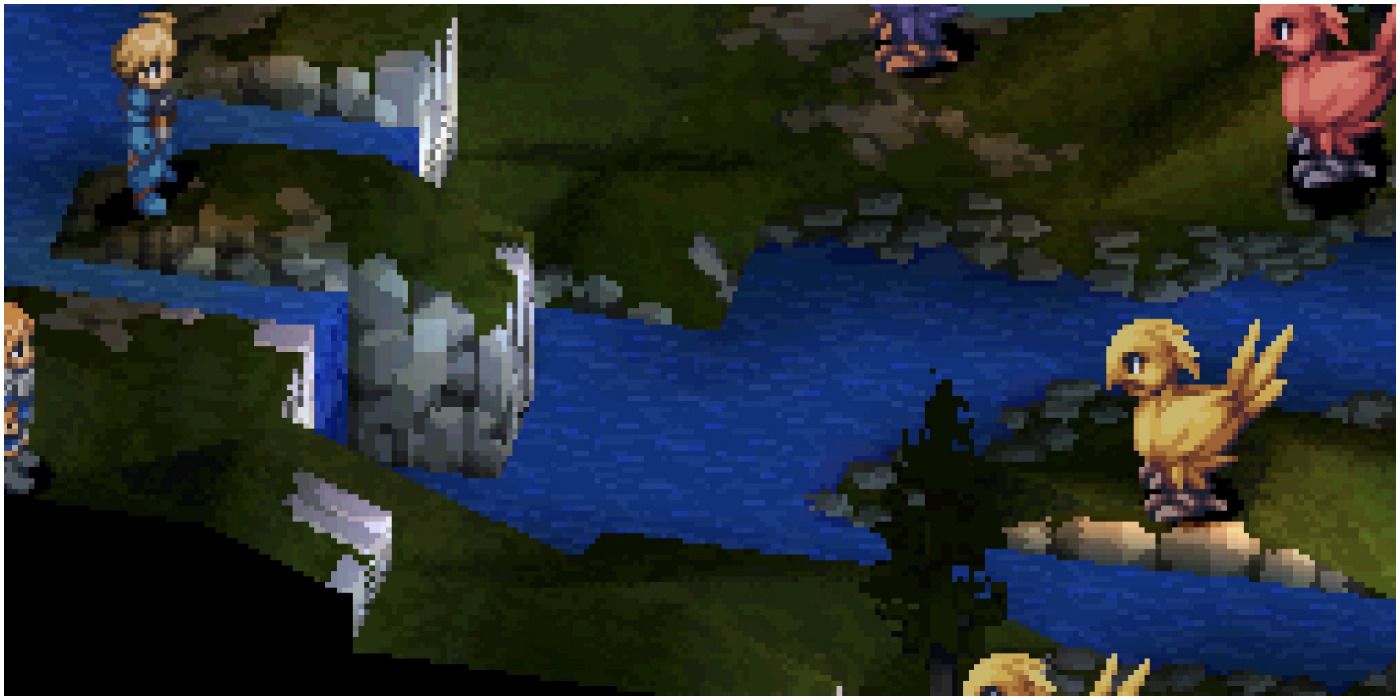 Chocobos stand on a battlefield, split by a river, in Final Fantasy Tactics.