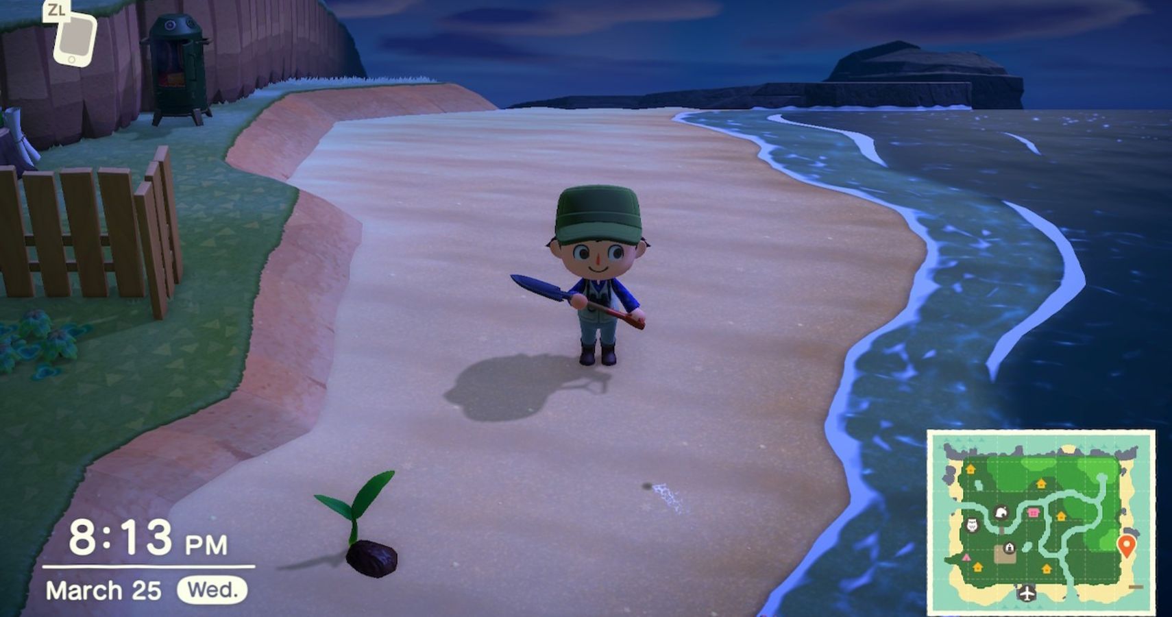 Animal Crossing New Horizons player next to a manila clam/communicator part dig spot in Animal Crossing: New Horizons.
