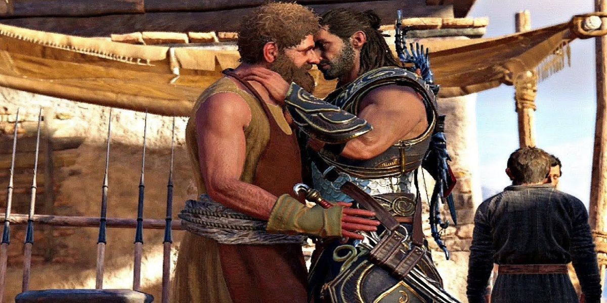 Alexios embracing Kosta as part of Assassin's Creed Odyssey's romance system