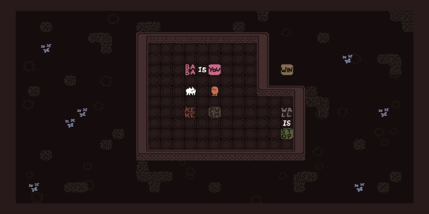 A room in Baba Is You with various characters and blocks with wording.