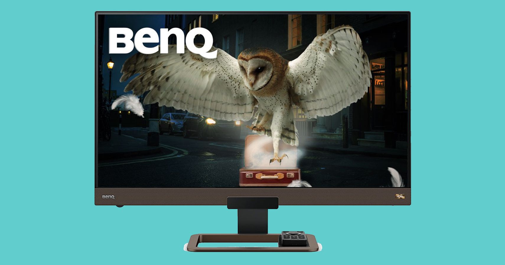 BenQ Entertainment Monitor with HDRi technology promotional image on turquoise backdrop.