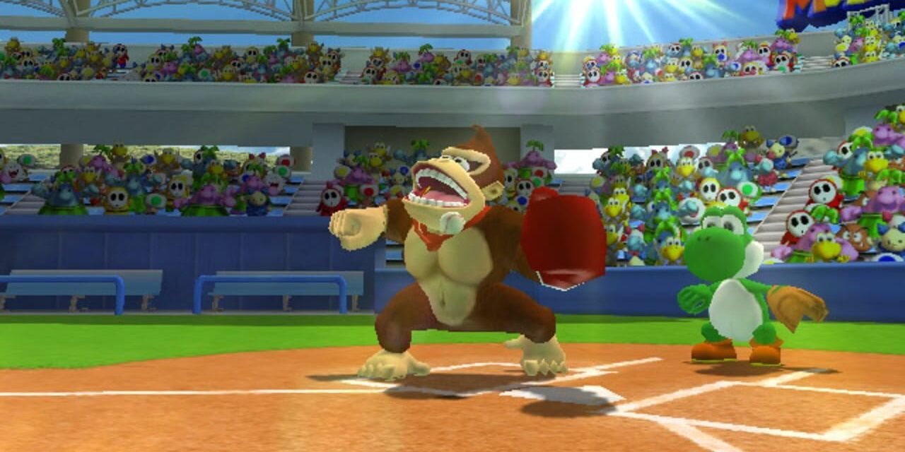 Donkey Kong punching a baseball with boxing glove while playing Baseball. Yoshi is the umpire.