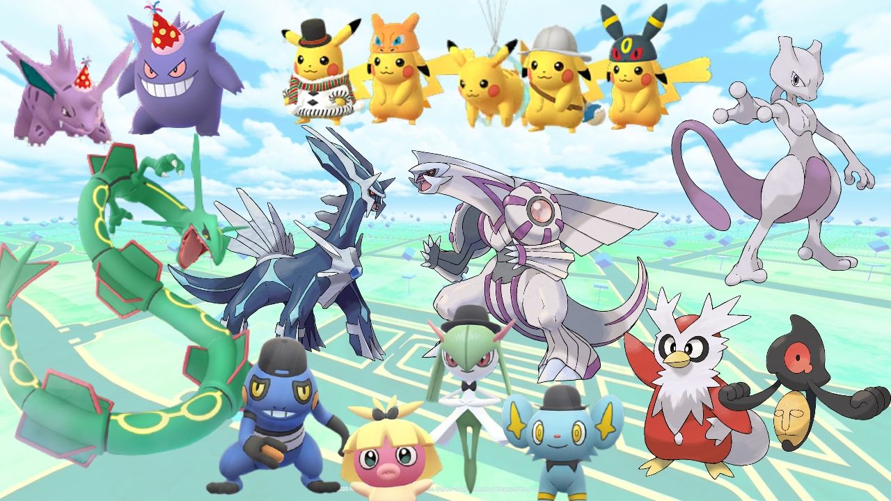 a collage showing pokemon that are time locked in pokemon go, including legendaries that get rotated out of raids, holiday pokemon, and costumed pokemon 