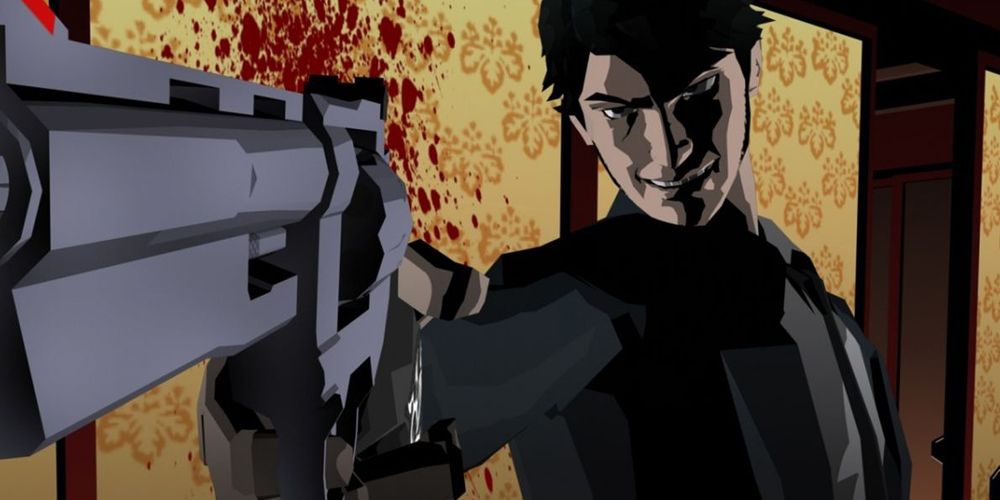 Killer7's Dan Smith pointing a gun at the camera