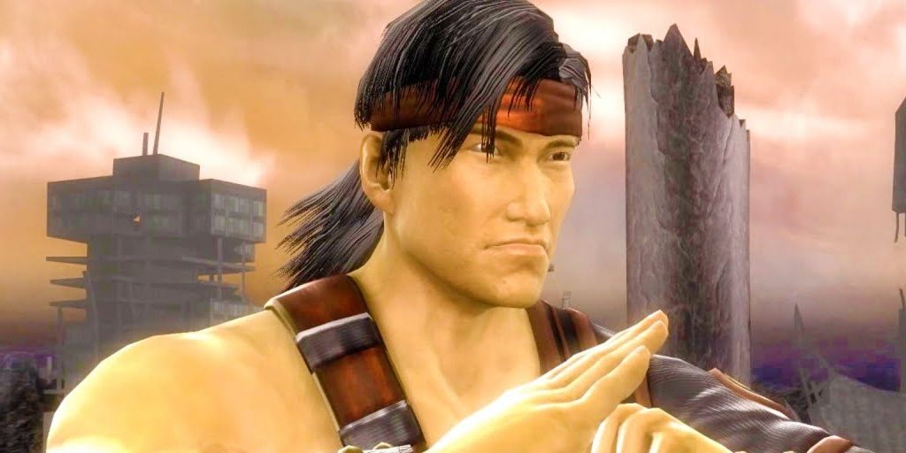 Liu Kang prepares to bow in a dilapidated city