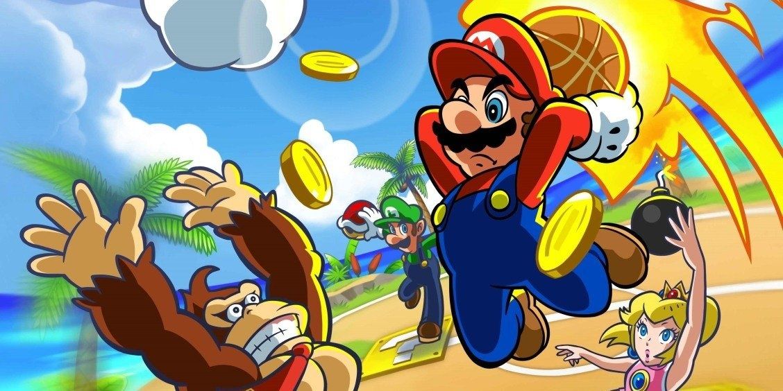 Mario Absolutely dunking on Donkey Kong in a beachside game of basketball.