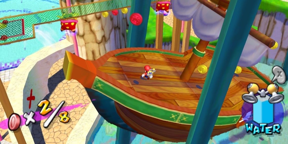 Mario sliding down tiltling airship in Super Mario Sunshine
