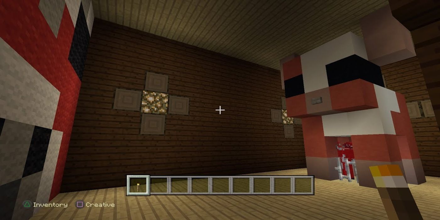 Minecraft: a hidden room in the woodland mansion, containing two Mooshroom statues and a trapped Mooshroom