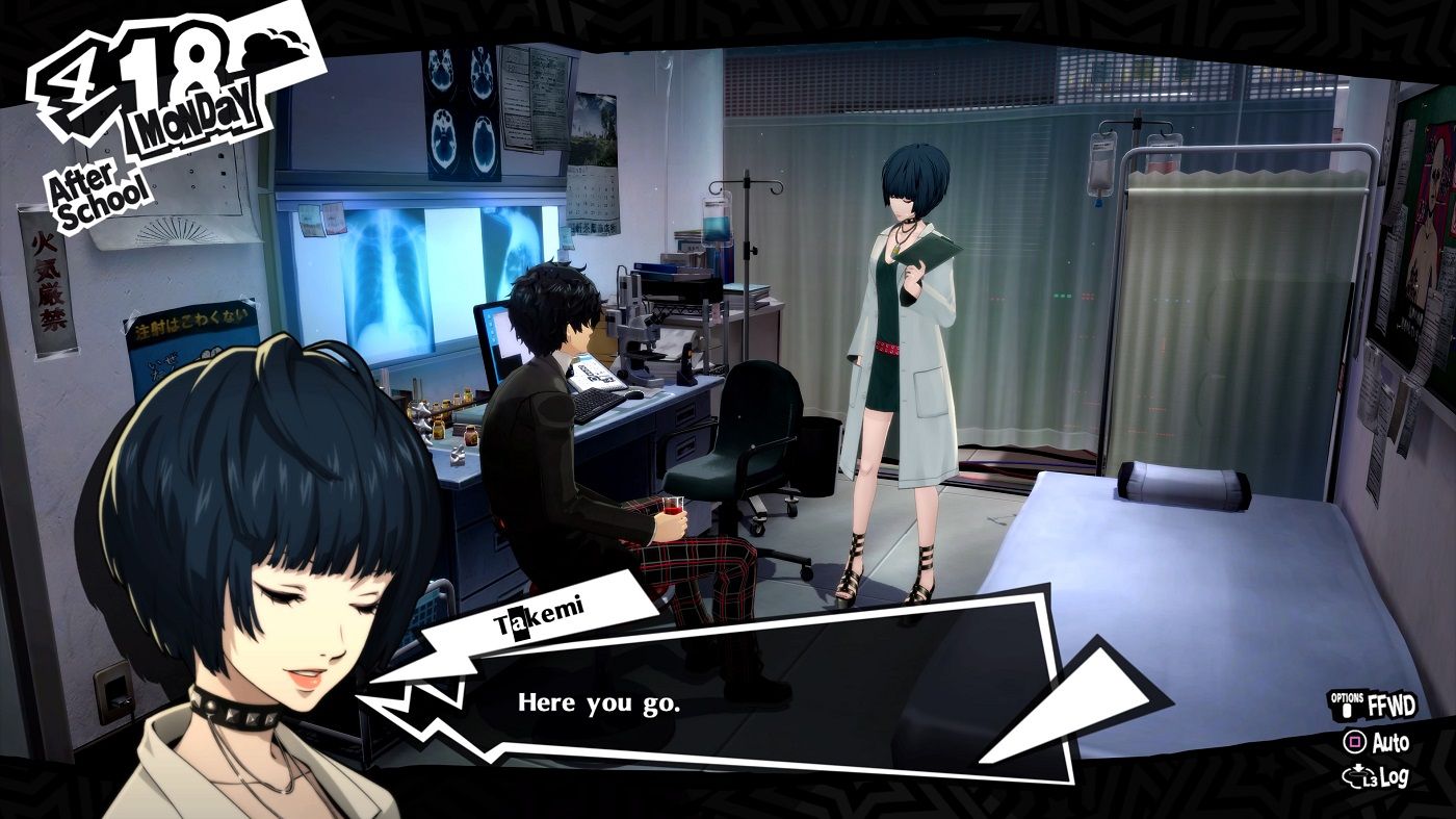 Persona 5 Royal talking to Takemi in the clinic