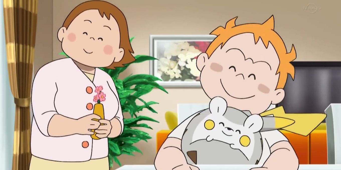 Sophocles and his mother with a Togedemaru in Pokemon anime
