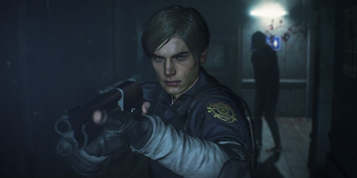 Leon holding a shotgun out with a zombie enemy approaching silently from behind him.