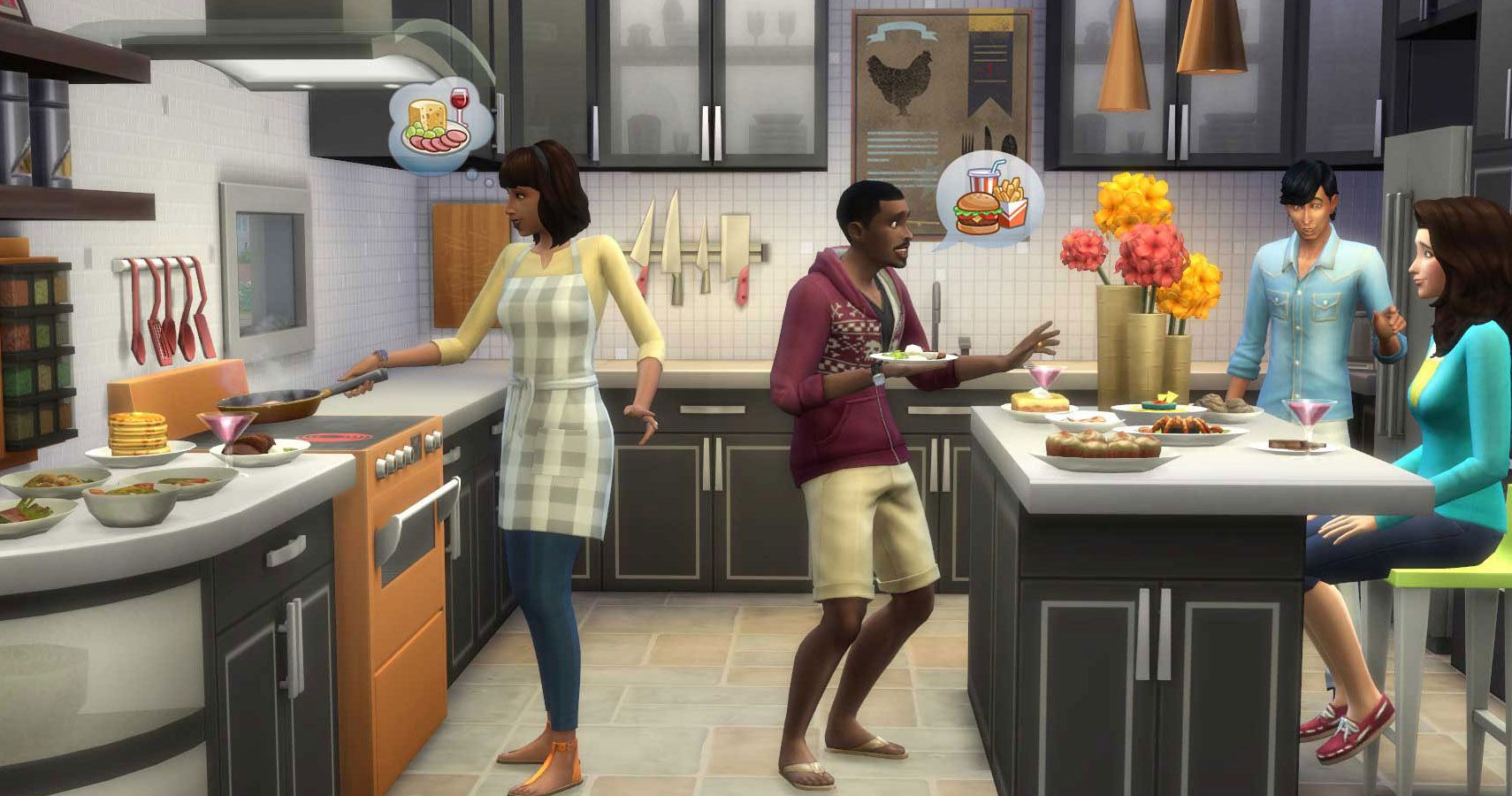 Two sims cooking in a kitchen.