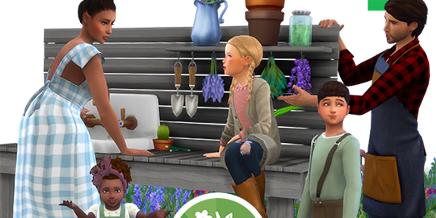 Sim family by a workbench with tools plants and a sink