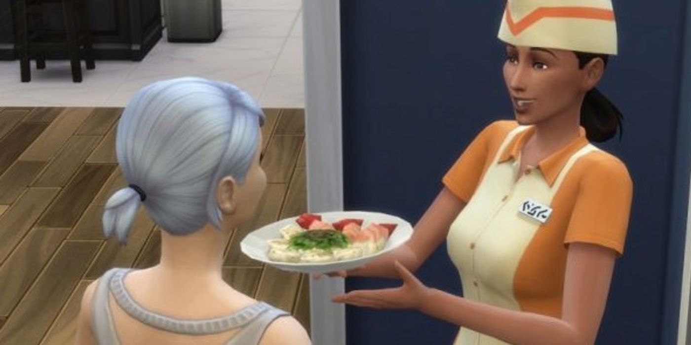 A food delivery person presenting a plate of food to a Sim in The Sims 4