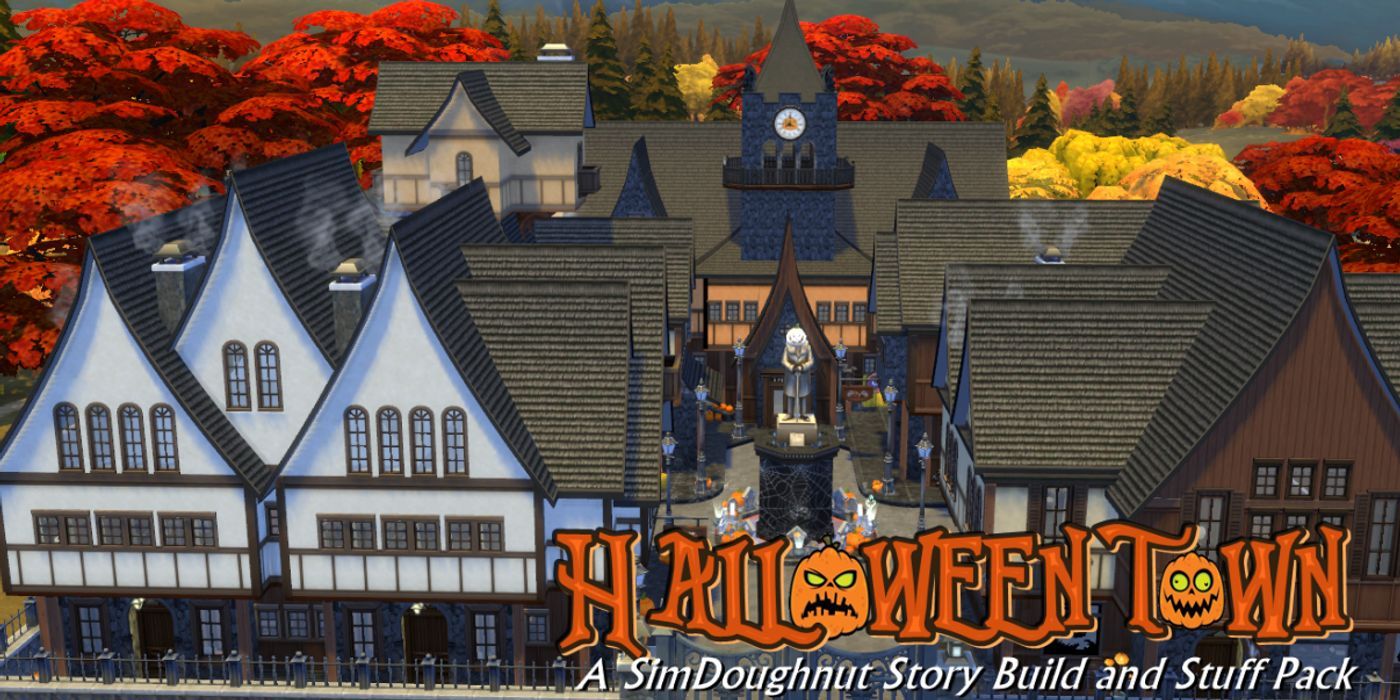 A tudor looking town with halloween decorations