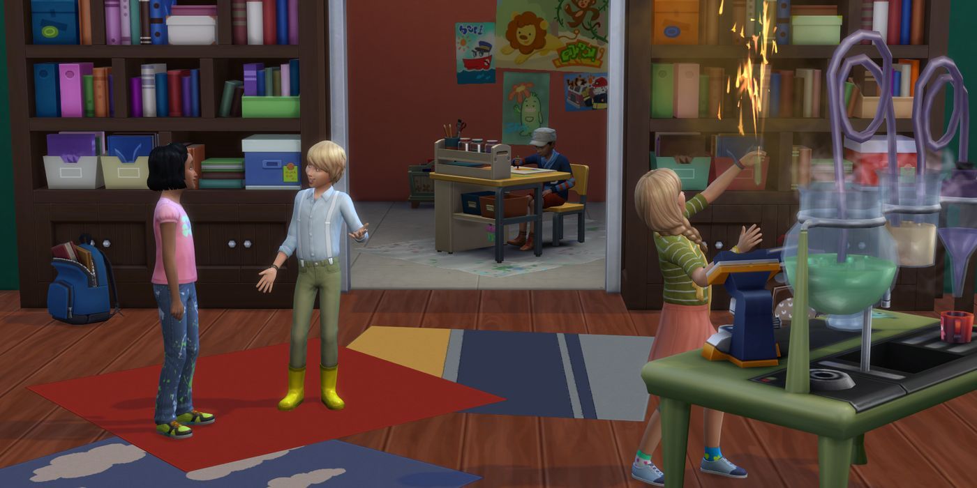 3 sims doing science tasks at home