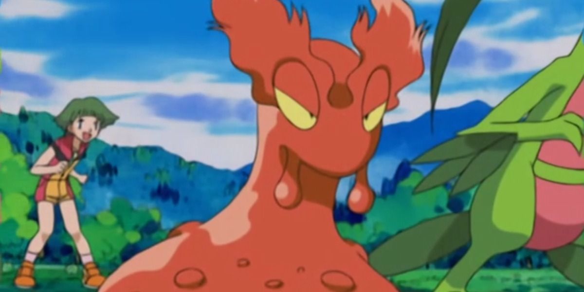 Slugma prepares to battle with a Grovyle in the Pokemon Anime.