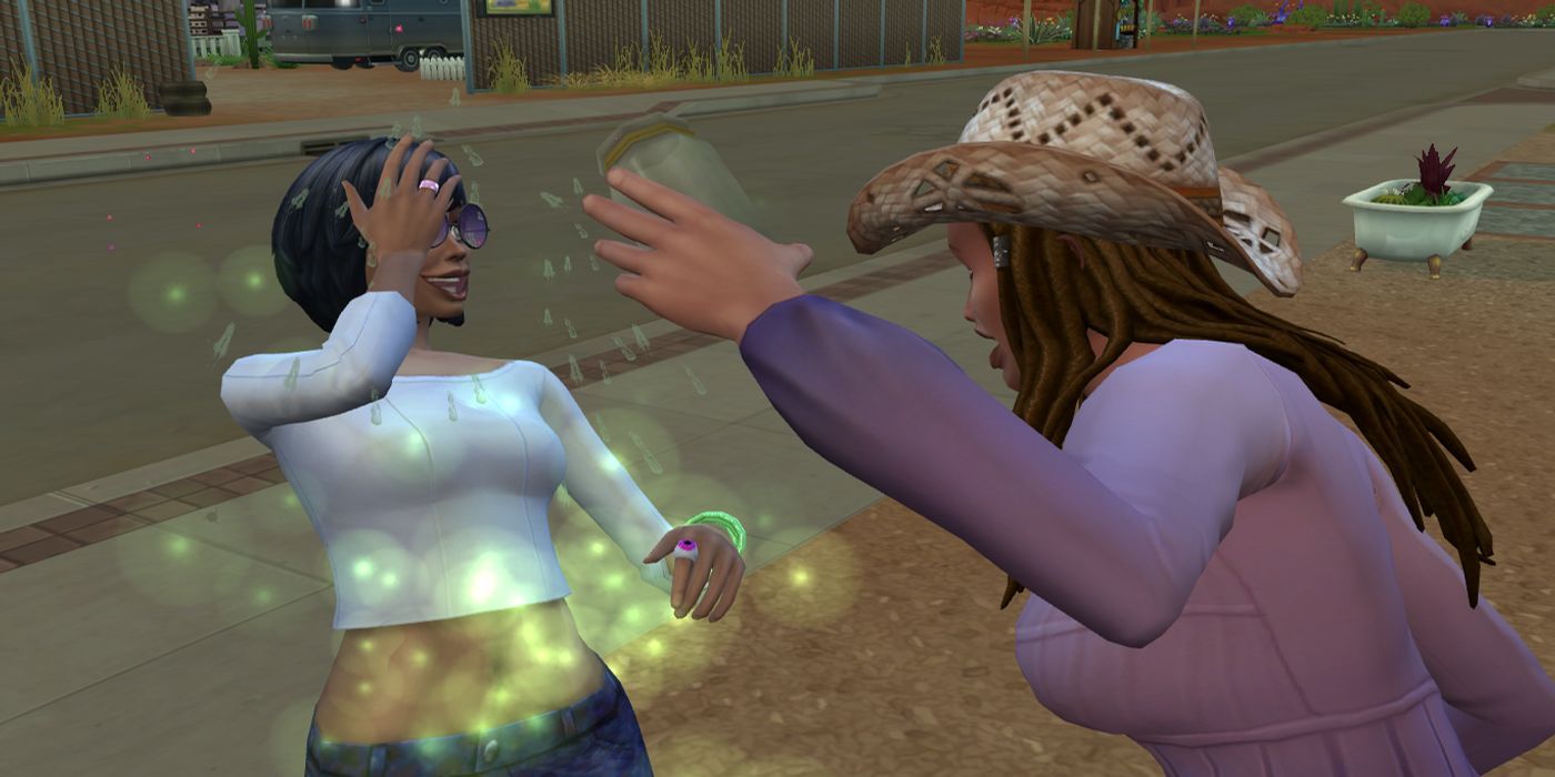 Two female sims characters gesturing to each other during a fight