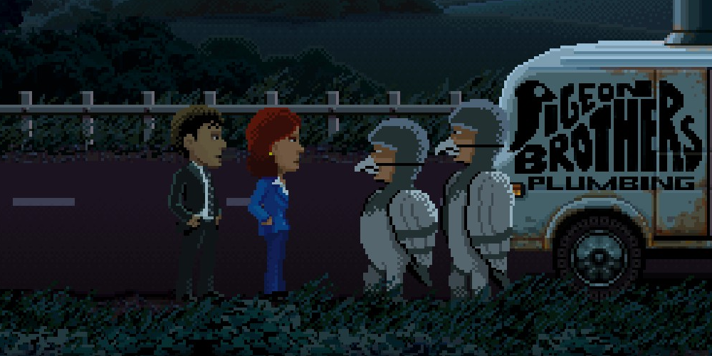 Protagonists chatting with people dressed as pigeons