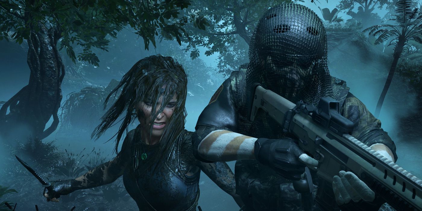 Shadow Of The Tomb Raider Screenshot Of Mud Covered Lara Doing Takedown