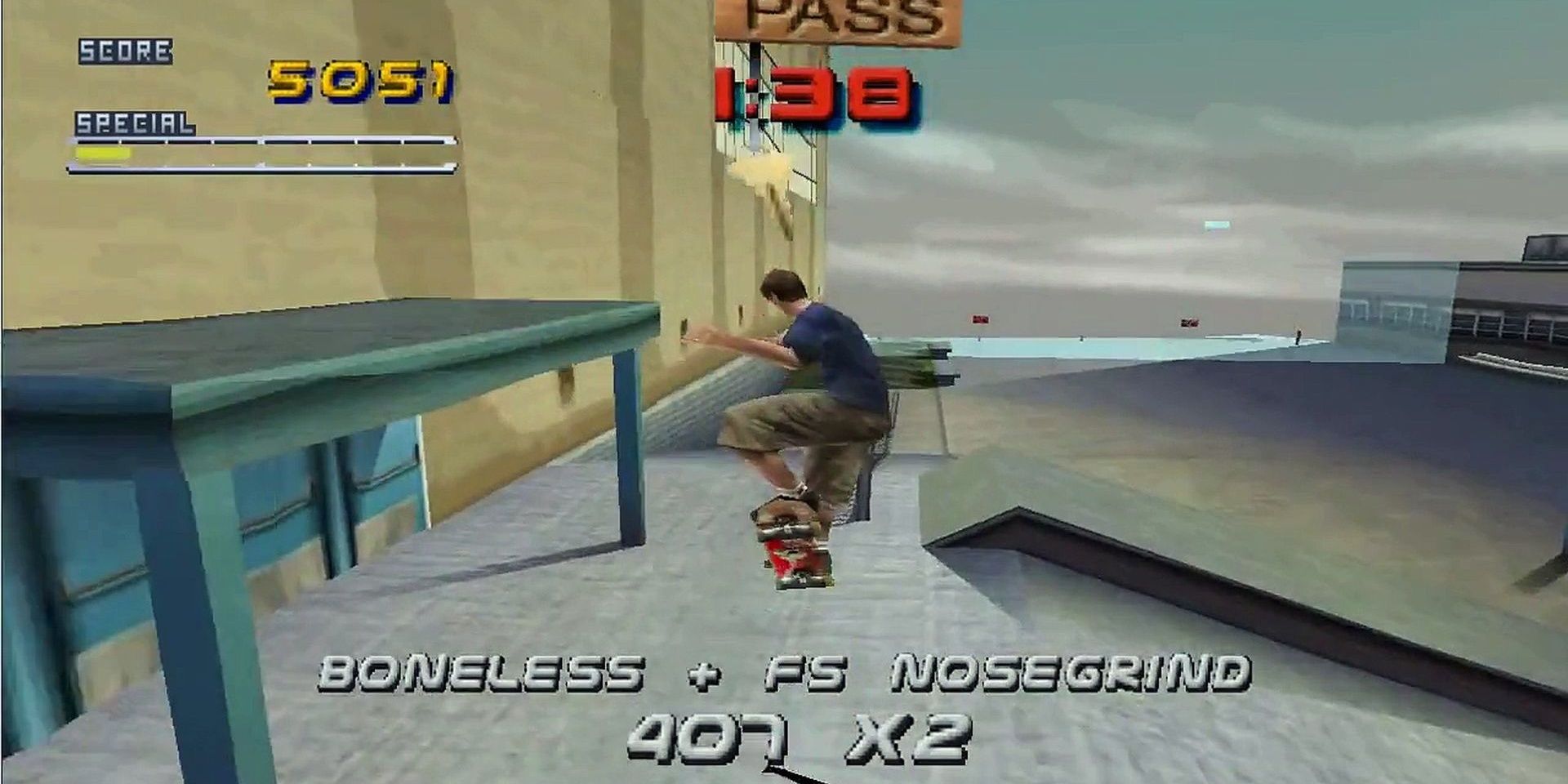 A character performing a skateboard trick in the air in Tony Hawk Pro Skater 2