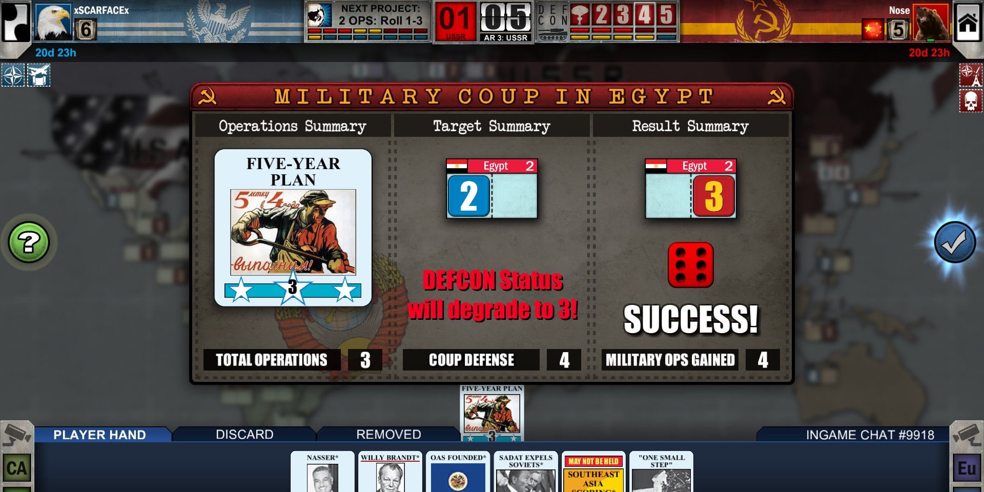 Ein Bild aus Twilight Struggle.  Eine Informationskarte informiert den Spieler darüber, dass es in Ägypten einen Militärputsch gegeben hat.