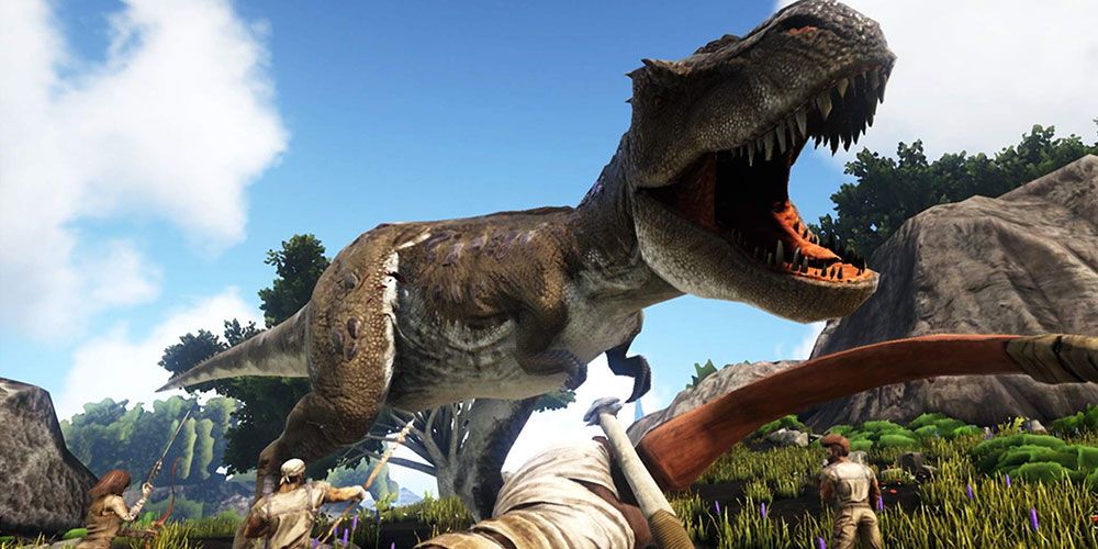 Being attacked by a T-Rex in Ark: Survival Evolved