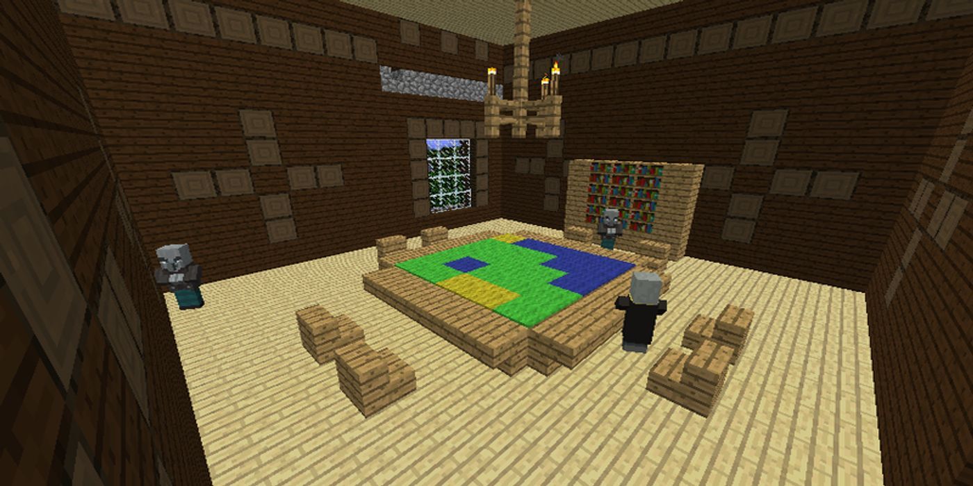Minecraft: an image of an interior room of the woodland mansion, lit up by a chandelier of torches