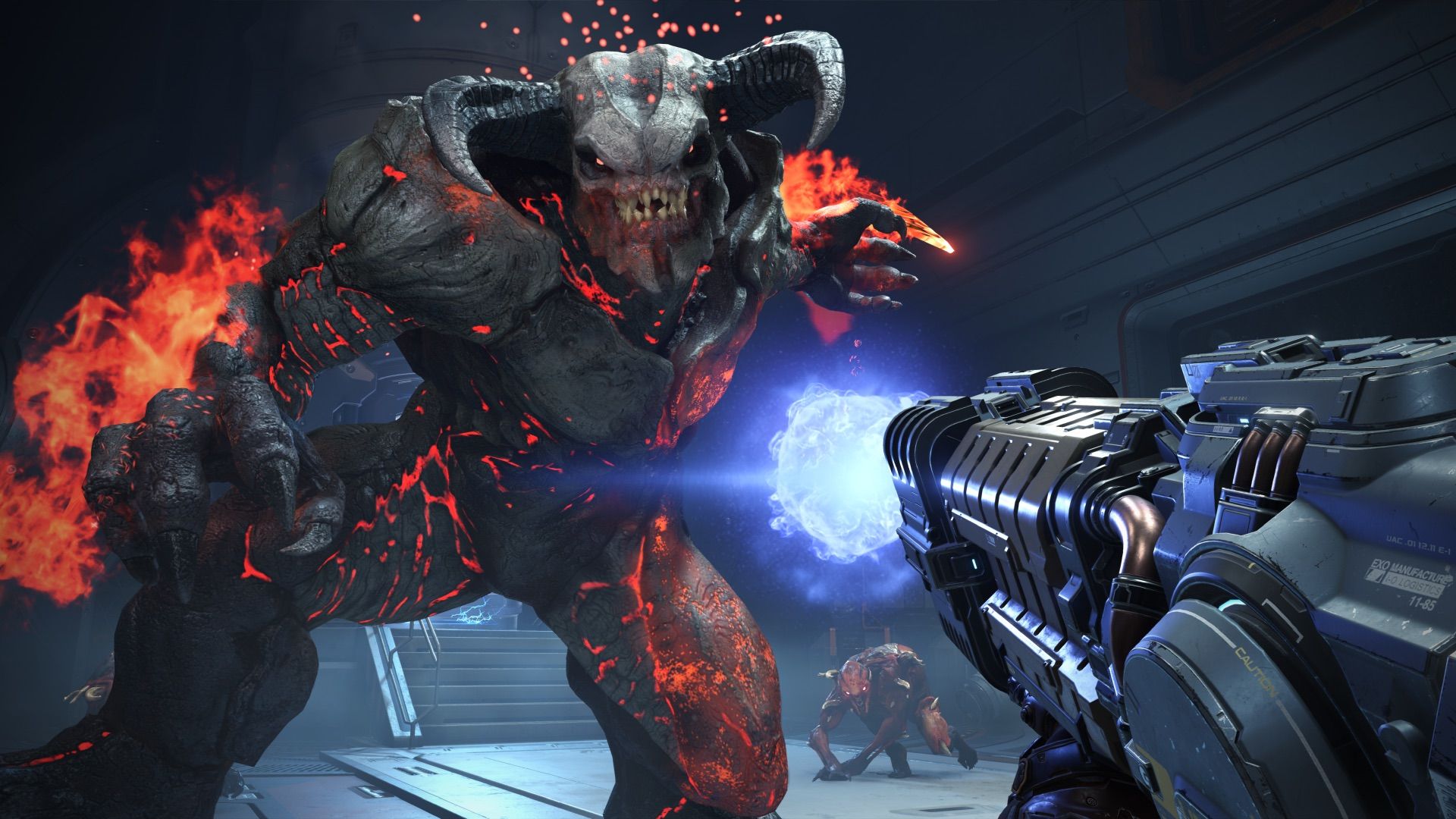 Shooting a plasma rifle at a demon in Doom Eternal.