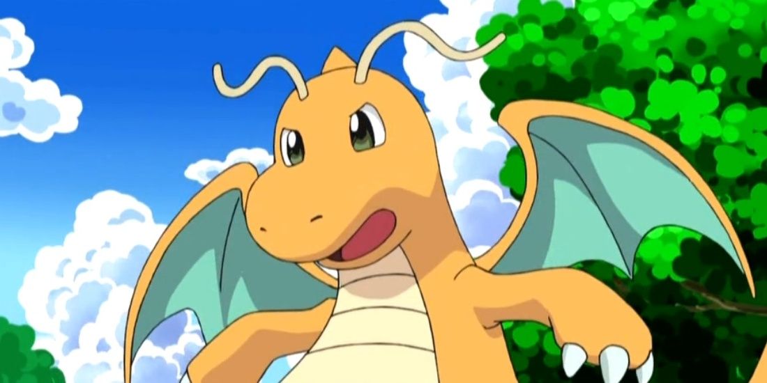 pokemon dragonite with trees in the background