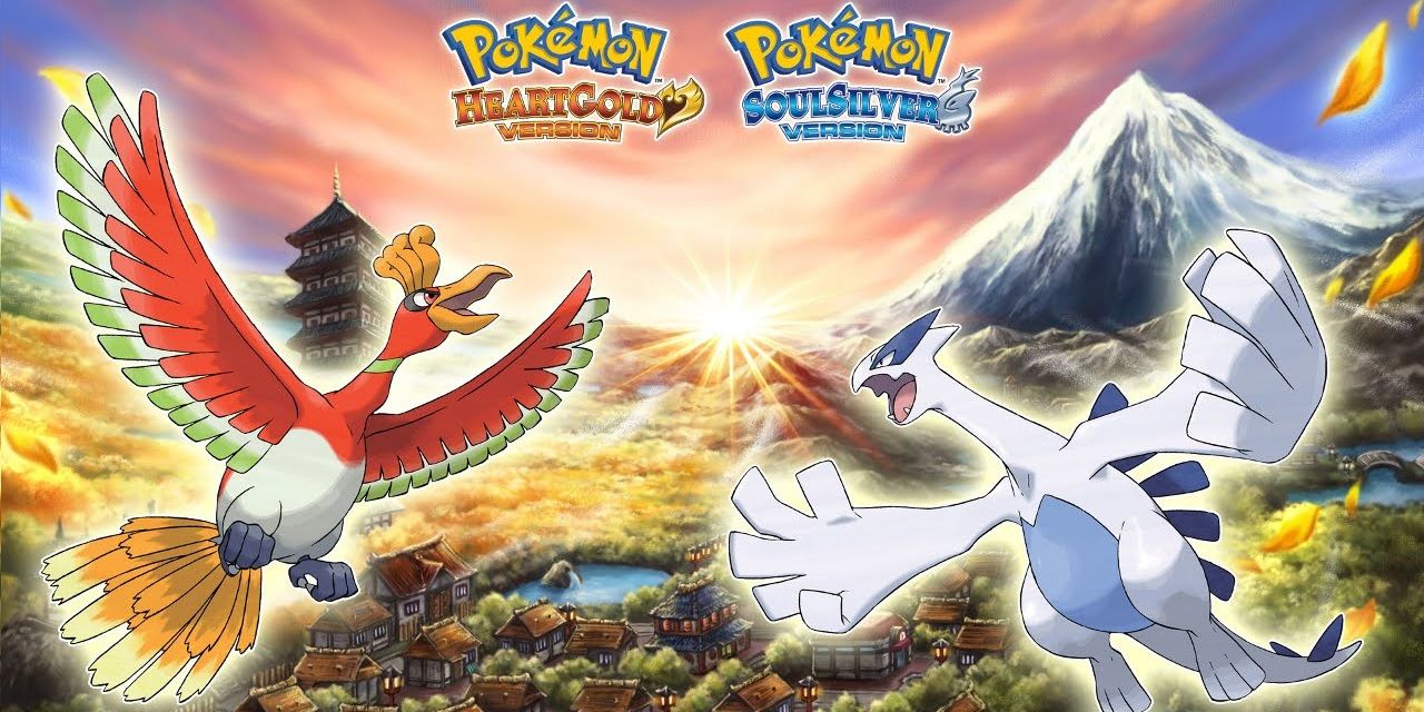Ho-oh and Lugia posing in front of logos 