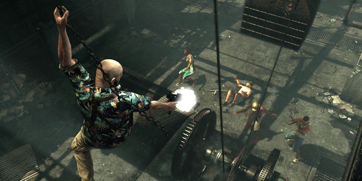 max payne hanging from a hook and shooting