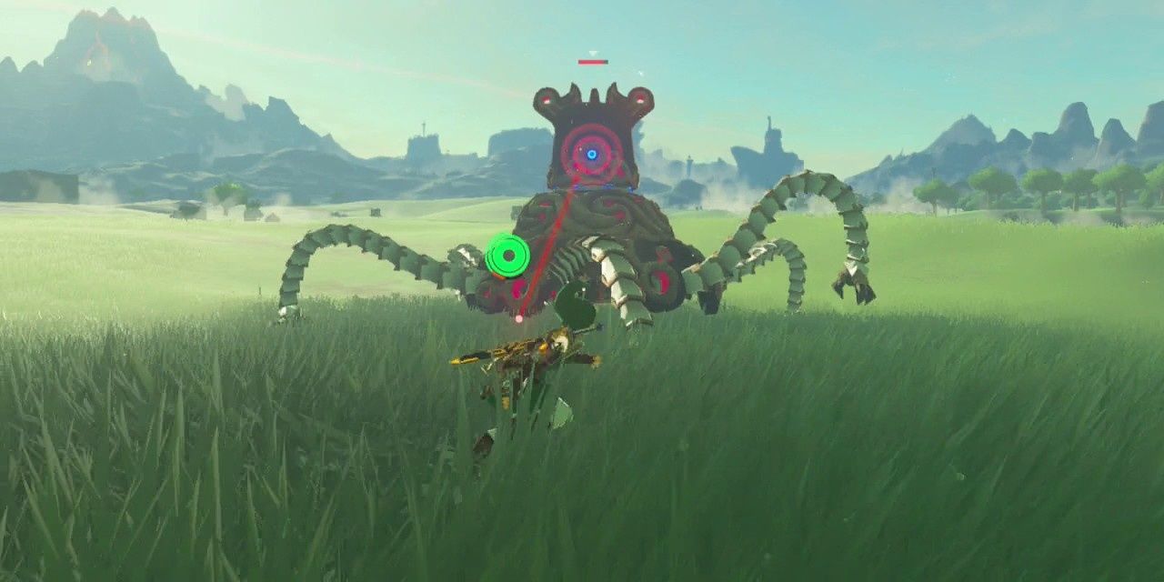 Link Fights a Guardian in a field in BotW
