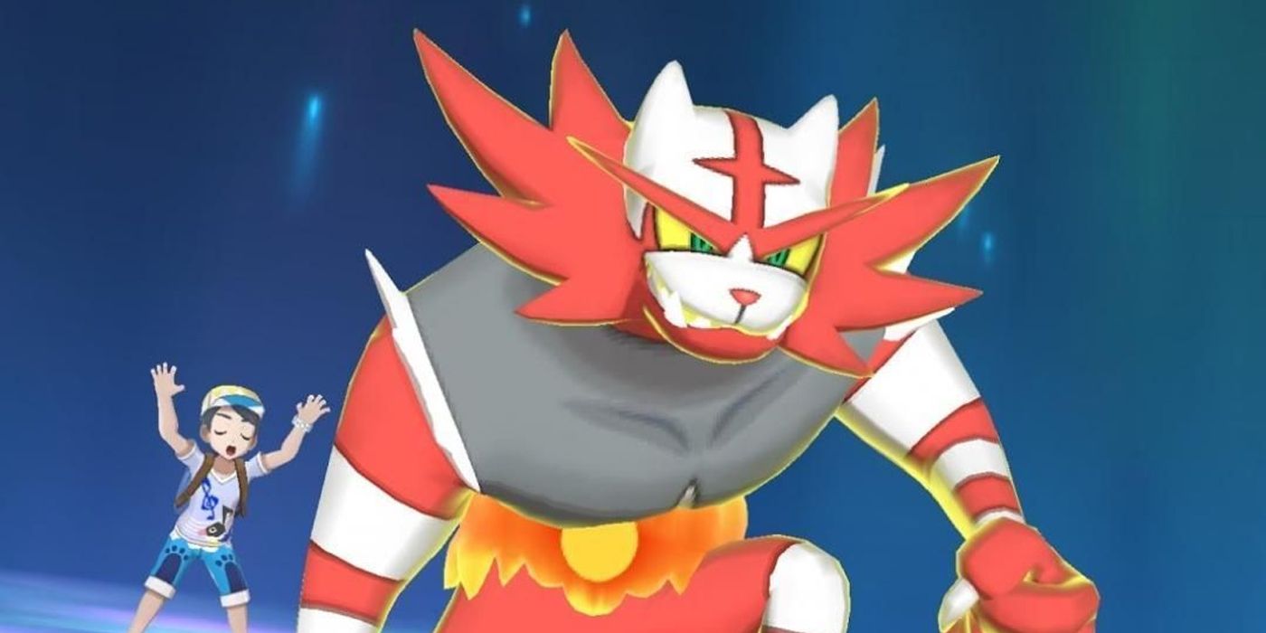 A shiny Incineroar being cheered on to use a Z-move.