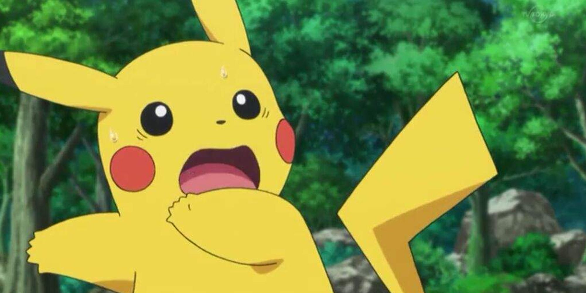 Pikachu with a surprised expression in the anime