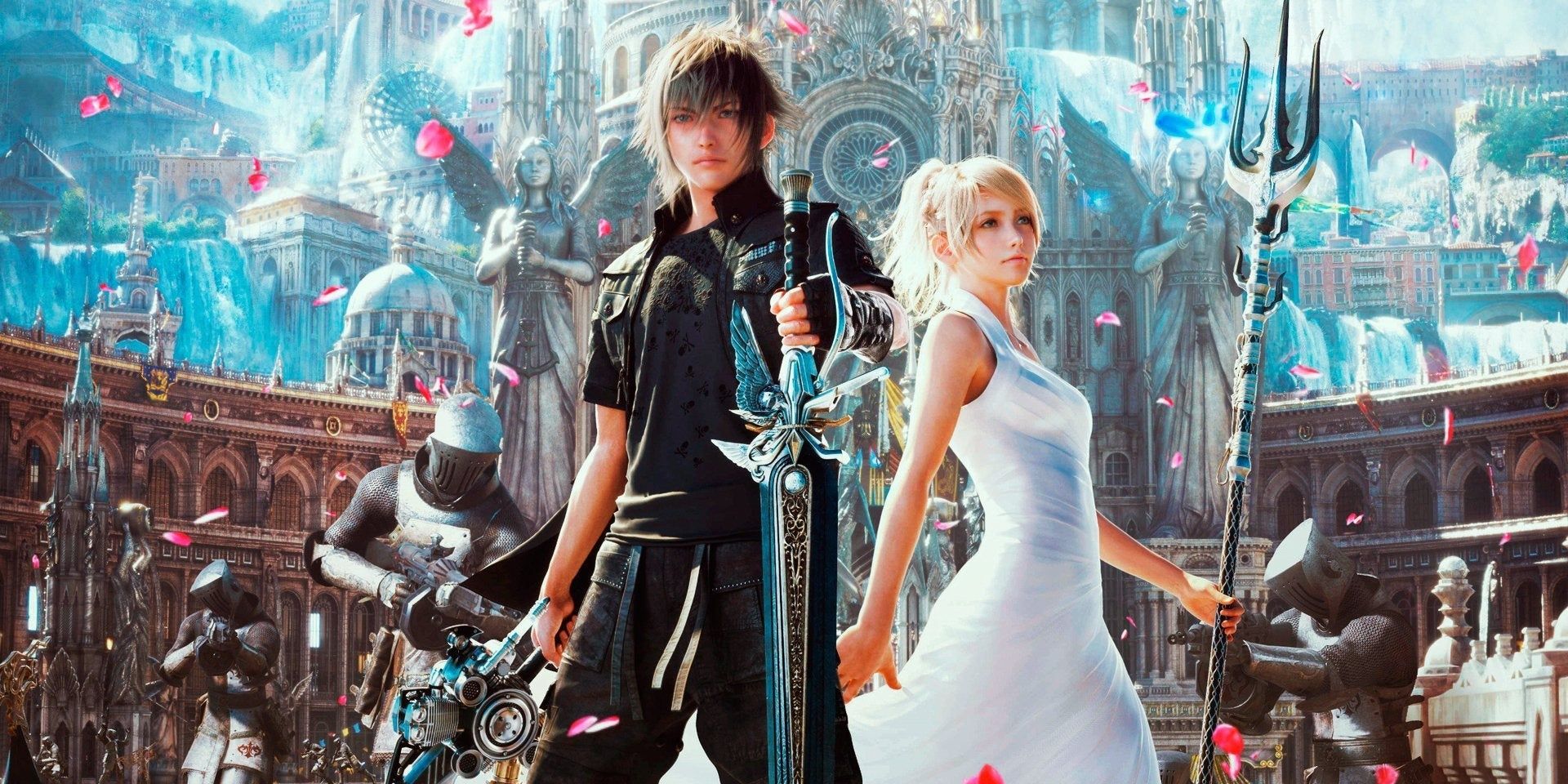 Noctis with his sword and Luna with her pitchfork wearing a wedding dress as romantic rose petals fall over them in joyous celebration.