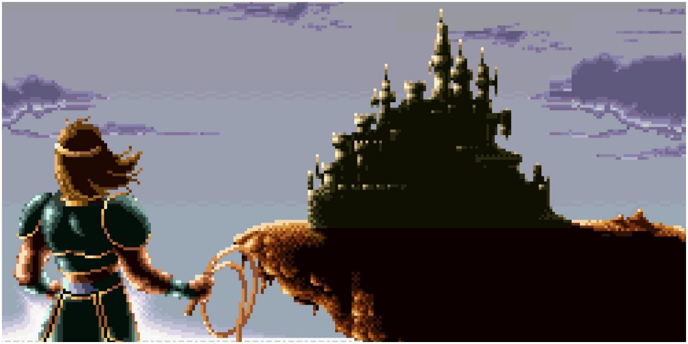 Simon looks at Castlevania from a distance. Image taken from Super Castlevania 4.