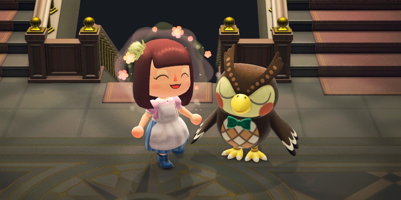 Animal Crossing player character and Blathers in the museum.