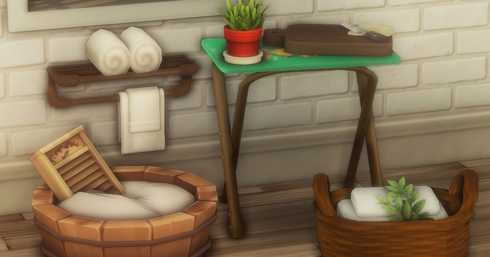 Several clutter items in a room including choppingboard and baskets.