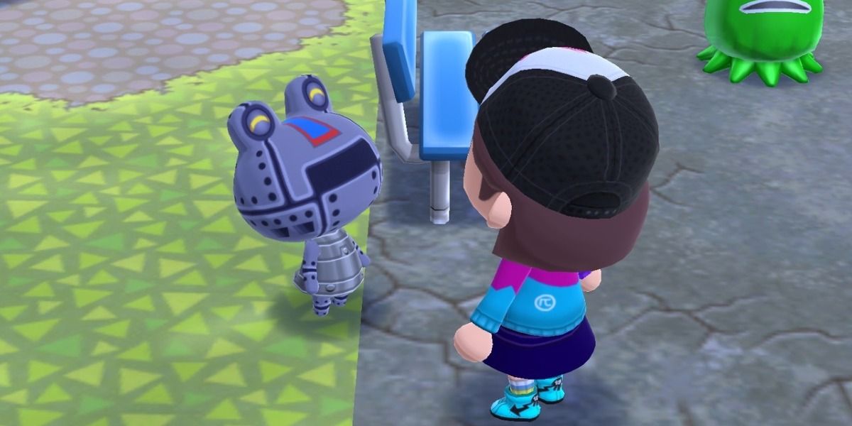Animal Crossing Ribbot the robot frog speaking to the player
