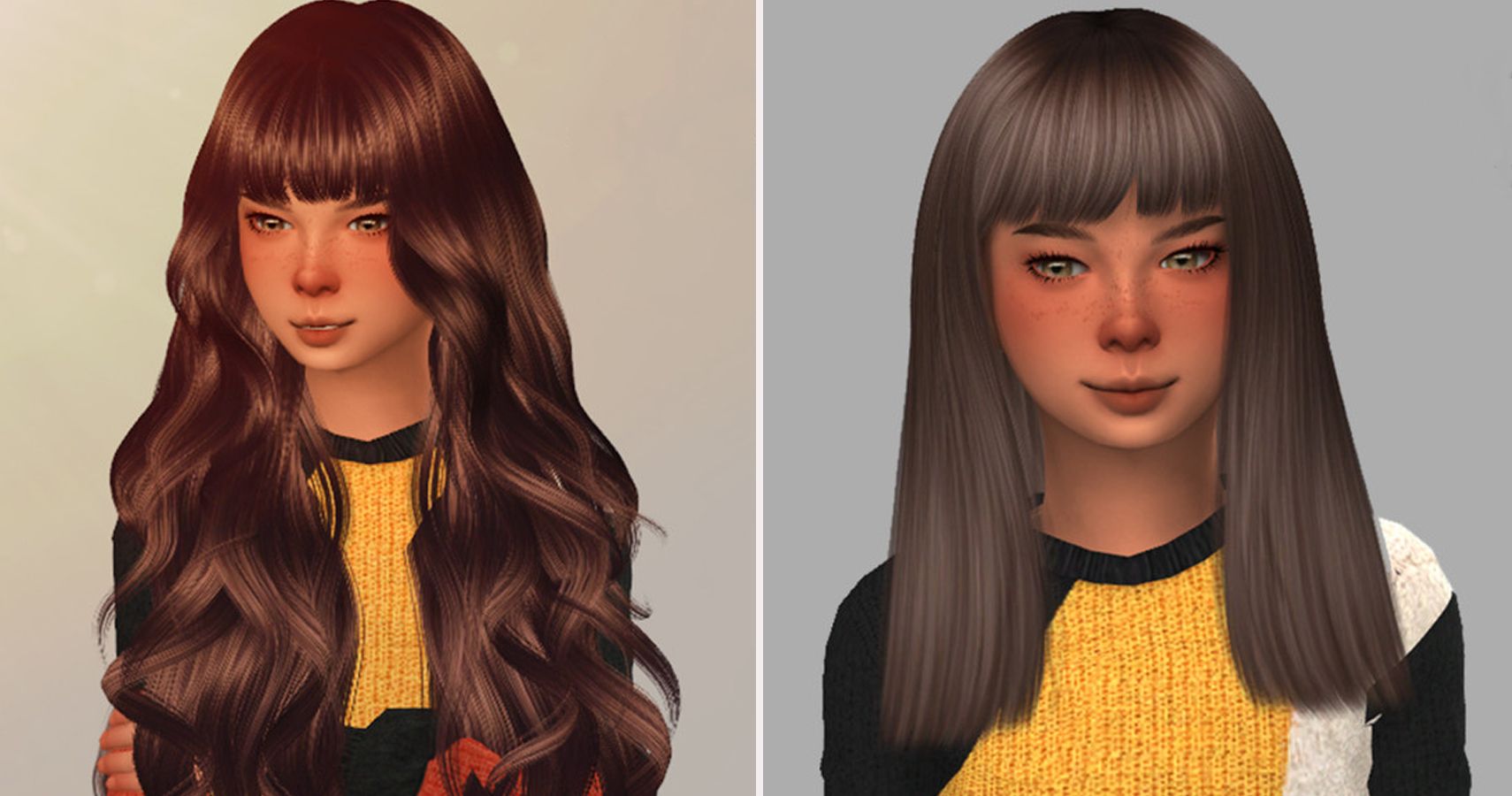 Left side child sim with long curly hair. Right side child sim with shoulder length straight hair.