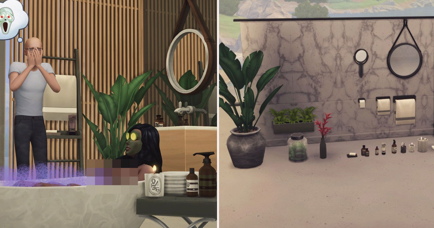 Left side render of a sim in the bath while another looks on. Right side bathroom clutter items on a shelf.