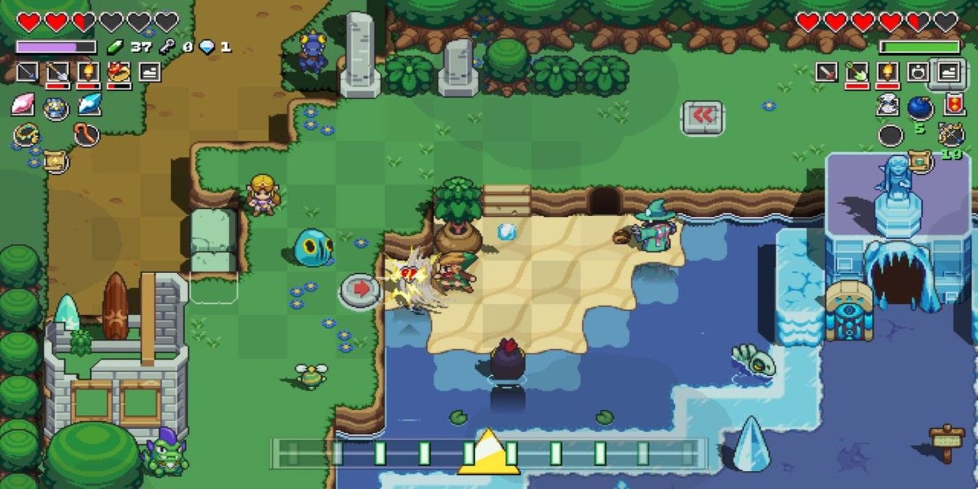 Link uses an attack on the beach while Zelda runs behind an enemy