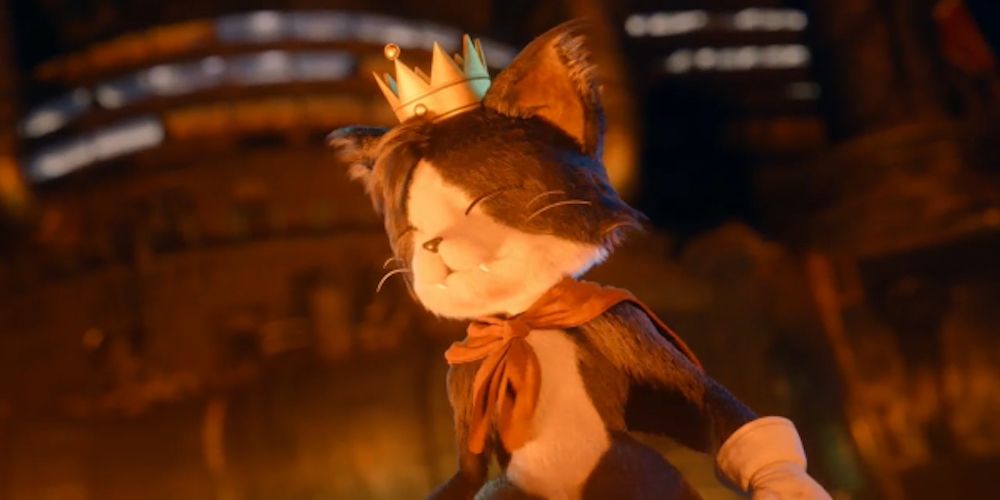 Cait Sith FInal Fantasy VII remake, illuminated by fire.