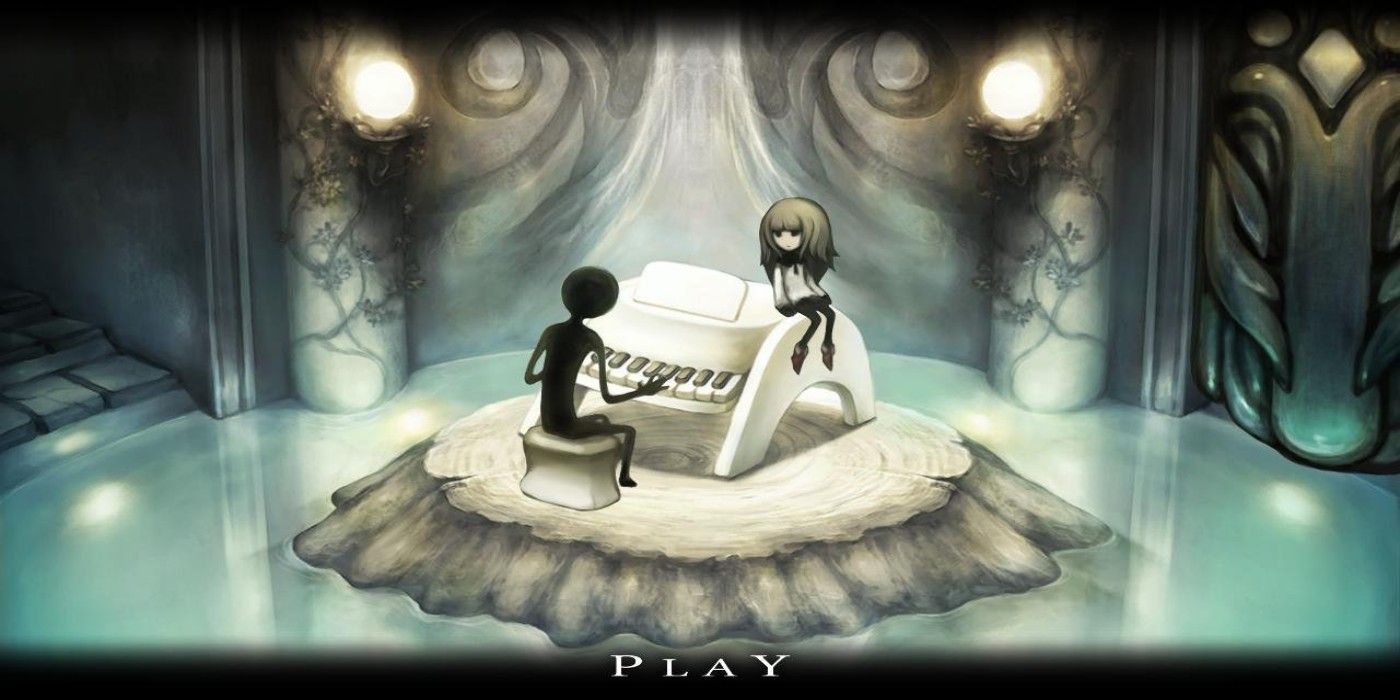A girl sits on a piano as a shadowy figure plays it
